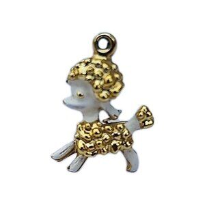 VTG Lisa Miniature French Poodle Puppy Goldtone White Enameled Charm Pendant